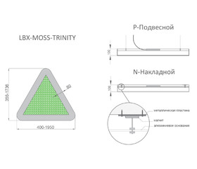 Светильник RVE-LBX-MOSS-TRINITY-600-P (треугл. закругл. со мхом 600x534x100мм S80мм 42Вт  черный )